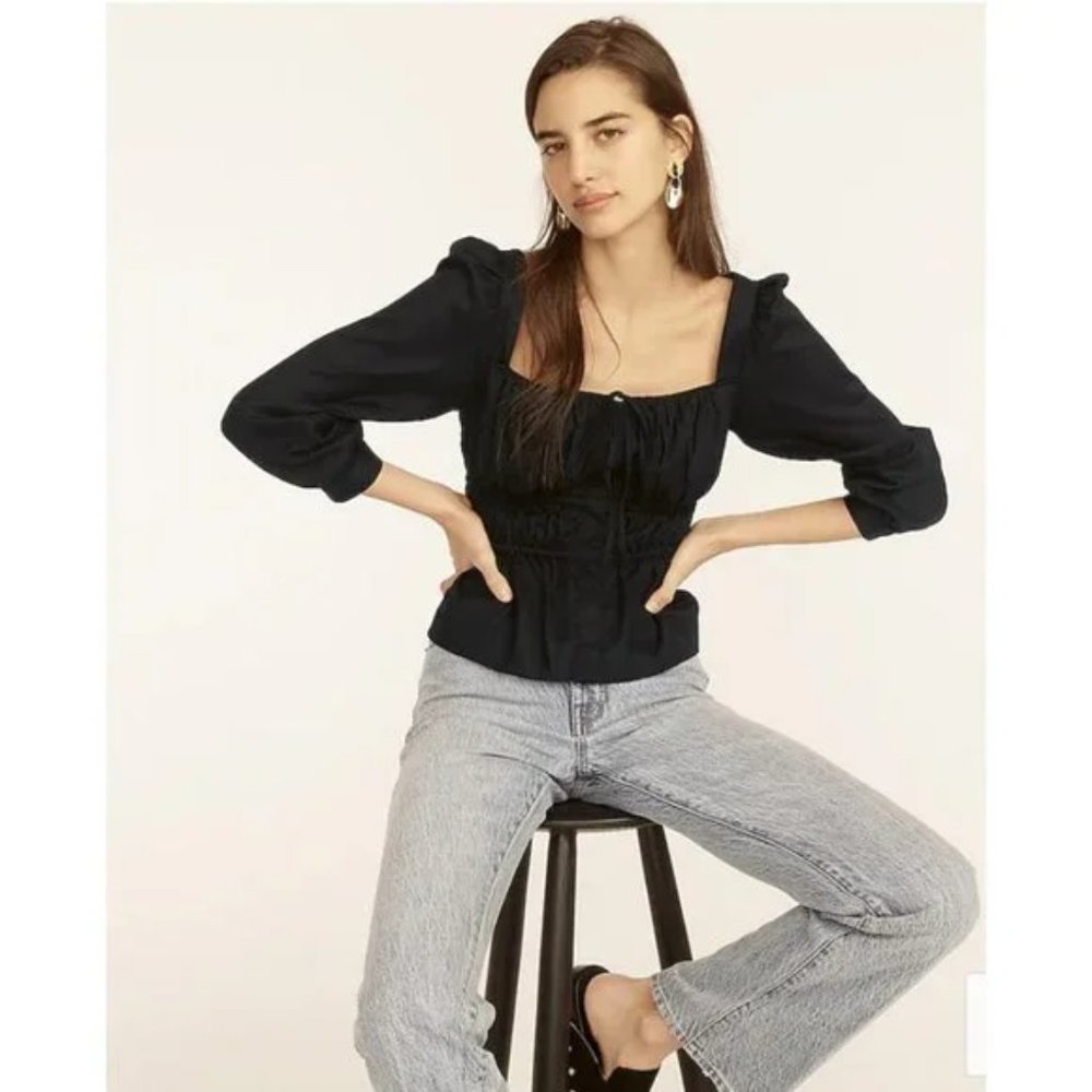 J.Crew Winter Preppy Chic Cinched Waist Top in Herringbone Cotton in Black‎ 6